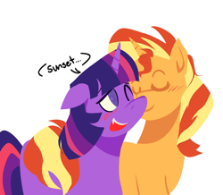 Size: 2250x1960 | Tagged: safe, artist:startrixfan, imported from derpibooru, sunset shimmer, twilight sparkle, pony, unicorn, blush scribble, blushing, colored pupils, dialogue, duo, duo female, embarrassed, female, floppy ears, heart, heart eyes, horn, lesbian, lineless, mare, nuzzling, one eye closed, open mouth, open smile, shipping, simple background, smiling, sunsetsparkle, white background, wingding eyes