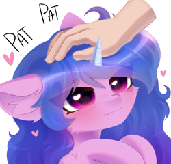 Size: 2000x1916 | Tagged: safe, alternate version, artist:anku, artist:belka_sweet, imported from derpibooru, izzy moonbow, human, pony, unicorn, big ears, blush lines, blushing, cute, daaaaaaaaaaaw, disembodied hand, ear fluff, eye clipping through hair, eyebrows, eyebrows visible through hair, female, floating heart, g5, hand, head pat, heart, heart eyes, horn, izzybetes, mare, pat, patting, simple background, small horn, smiling, white background, wingding eyes