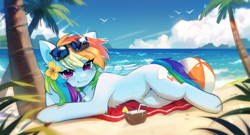 Size: 5000x2700 | Tagged: safe, artist:tyutya, imported from derpibooru, rainbow dash, bird, pegasus, pony, :3, beach, beach ball, beach towel, belly, belly button, blushing, chest fluff, cloud, coconut cup, eye clipping through hair, eyebrows, eyebrows visible through hair, female, flower, flower in hair, fluffy, folded wings, high res, human shoulders, lens flare, looking at you, lying down, mare, ocean, on side, outdoors, palm tree, sand, signature, sky, smiling, smiling at you, solo, summer, sunglasses, sunglasses on head, tail, tree, wallpaper, water, wings