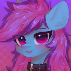 Size: 2000x2000 | Tagged: safe, artist:anku, imported from derpibooru, oc, oc only, oc:nohra, earth pony, pony, bust, collar, commission, ear fluff, earth pony oc, eye clipping through hair, eyebrows, eyebrows visible through hair, female, high res, looking at you, mare, portrait, solo, tongue out