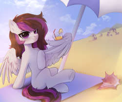 Size: 2388x2000 | Tagged: safe, artist:anku, imported from derpibooru, oc, oc only, pegasus, pony, alcohol, beach, beach umbrella, cocktail, drink, drinking straw, female, food, high res, lemon, mare, oc name needed, outdoors, pegasus oc, sitting, solo, spread wings, tail, umbrella, underhoof, wings