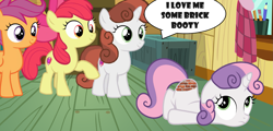 Size: 2179x1045 | Tagged: safe, editor:pascalmulokozi2, imported from derpibooru, apple bloom, scootaloo, sweetie belle, oc, oc:brick sweetie belle, earth pony, pegasus, pony, unicorn, brick booty, bricks, context is for the weak, cutie mark crusaders, dialogue, female, filly, foal, forced meme, horn, indoors, meme, speech bubble, text, wat