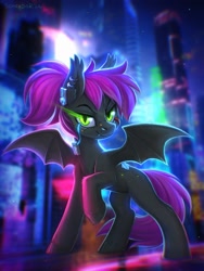 Size: 1500x2000 | Tagged: safe, artist:scheadar, imported from derpibooru, oc, oc only, oc:bitwise operator, bat pony, pony, bat pony oc, bat wings, city, commission, cyberpunk, ear piercing, ear tufts, earring, fangs, jewelry, looking at you, outdoors, piercing, raised hoof, slit pupils, solo, spread wings, tail, wings