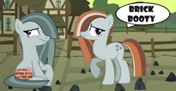 Size: 1412x735 | Tagged: safe, artist:greenmachine987, imported from derpibooru, marble pie, oc, earth pony, pony, brick booty, bricks, context is for the weak, female, forced meme, mare, meme, rock farm, speech bubble, wat