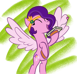 Size: 1746x1686 | Tagged: safe, artist:solarflare6041, imported from derpibooru, pipp petals, pegasus, pony, abstract background, bipedal, colored wings, diadem, eyes closed, female, g5, g5 to g4, generation leap, headband, heart, jewelry, mare, open mouth, open smile, philomena petals, phone, regalia, smiling, solo, spread wings, standing on two hooves, wings