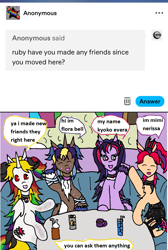 Size: 1109x1653 | Tagged: safe, imported from derpibooru, oc, earth pony, pegasus, pony, undead, unicorn, vampire, vampony, ask, drink, friends, horn, tumblr