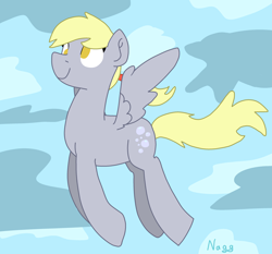 Size: 3200x2980 | Tagged: safe, artist:naggfruit, imported from derpibooru, derpy hooves, pegasus, female, flying, mare, ponytail, signature, sky background, solo