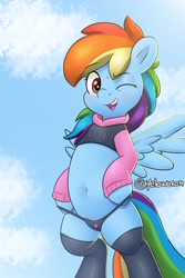 Size: 2000x3000 | Tagged: safe, artist:yelowcrom, imported from derpibooru, rainbow dash, pegasus, pony, adorasexy, belly, belly button, bipedal, clothes, cute, female, hoodie, mare, paggi outfit, panties, sexy, socks, solo, thigh highs, underwear, wings