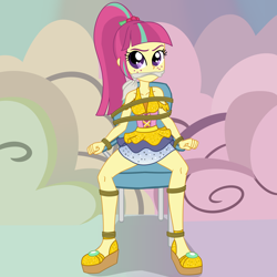 Size: 2500x2500 | Tagged: safe, artist:nie-martw-sie-o-mnie, imported from derpibooru, part of a set, sour sweet, human, equestria girls, bondage, chair, cleave gag, cloth gag, equestria girls specials, female, femsub, freckles, gag, my little pony equestria girls: dance magic, platform shoes, rope, rope bondage, sitting, solo, submissive