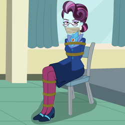 Size: 2000x2000 | Tagged: safe, artist:nie-martw-sie-o-mnie, imported from derpibooru, part of a set, principal abacus cinch, human, equestria girls, bondage, chair, cloth gag, clothes, eyeshadow, female, femsub, gag, glasses, high heels, makeup, narrowed eyes, pantyhose, rope, rope bondage, shoes, sitting, skirt, solo, submissive