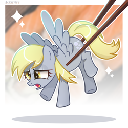 Size: 2072x2064 | Tagged: safe, artist:scarffist, imported from derpibooru, derpy hooves, food pony, original species, pegasus, pony, base used, chopsticks, cute, food, muffin, ponies in food, ponified, short hair, short mane, solo, sparkles, sushi, sushi pony, wings, yellow eyes