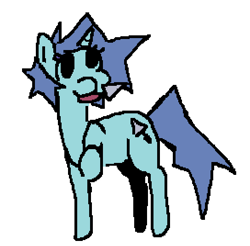 Size: 544x536 | Tagged: artist needed, safe, imported from derpibooru, oc, oc only, oc:trowels out, pony, unicorn, blue mane, cute, female, horn, looking away, looking up, mare, messy mane, ms paint, no source available, raised hoof, raised leg, side view, signature, simple background, smiling, solo, trowel, unicorn oc, white background