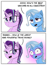 Size: 2000x2778 | Tagged: safe, artist:chopsticks, imported from derpibooru, starlight glimmer, trixie, pony, unicorn, 2 panel comic, blushing, blushing profusely, cheek fluff, chest fluff, comic, cute, dialogue, diatrixes, duo, duo female, ear fluff, eye clipping through hair, eyebrows, eyebrows visible through hair, female, fluffy, great and powerful, horn, lesbian, shipping, simple background, smug, smuglight glimmer, startrix, text