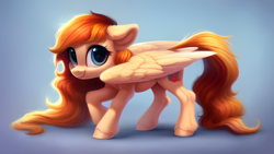 Size: 4096x2304 | Tagged: safe, editor:felisamafeles, imported from derpibooru, oc, oc only, unnamed oc, pegasus, pony, ai content, ai generated, blonde mane, blonde tail, blue eyes, cute, ear fluff, feather, female, fluffy, generator:pony diffusion v6 xl, generator:stable diffusion, looking at you, pegasus oc, smiling, smiling at you, solo, tail, wings, yellow fur