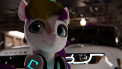 Size: 9600x5400 | Tagged: safe, artist:mrwithered, imported from derpibooru, oc, oc:sprinkles, pony, unicorn, 3d, absurd file size, absurd resolution, blender, car, female, headphones, horn, mare, solo