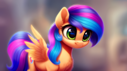 Size: 4096x2304 | Tagged: safe, editor:felisamafeles, imported from derpibooru, oc, oc only, unnamed oc, pegasus, pony, ai content, ai generated, blue eyes, blue mane, blue tail, blurry background, chest fluff, cute, ear fluff, female, fluffy, generator:pony diffusion v6 xl, generator:purplesmart.ai, generator:stable diffusion, pegasus oc, purple mane, purple tail, smiling, solo, spread wings, tail, wings, yellow fur