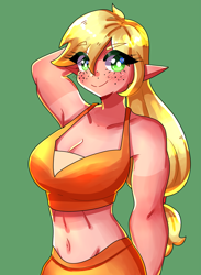 Size: 2369x3240 | Tagged: safe, artist:mylittleyuri, imported from derpibooru, applejack, human, 2d, belly, belly button, breasts, busty applejack, cleavage, elf ears, elfification, eyebrows, eyebrows visible through hair, female, freckles, green background, midriff, muscles, muscular female, simple background, solo