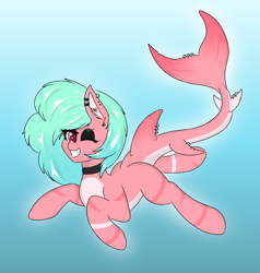 Size: 3000x3145 | Tagged: safe, artist:marbatra, imported from derpibooru, oc, oc only, oc:minty breeze, original species, shark, shark pony, bubble, choker, crepuscular rays, digital art, dorsal fin, ear fluff, female, fin, fins, fish tail, flowing mane, flowing tail, gills, looking at you, mare, ocean, one eye closed, piercing, scales, smiling, smiling at you, solo, sunlight, swimming, tail, underwater, water, wink, winking at you