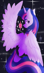 Size: 1433x2370 | Tagged: safe, artist:destiny_manticor, imported from derpibooru, twilight sparkle, alicorn, pony, abstract background, dark background, digital art, eyebrows, eyebrows visible through hair, female, horn, long tail, looking at you, looking back, looking back at you, mare, no mouth, partially open wings, sitting, solo, spread wings, stars, tail, twilight sparkle (alicorn), wings