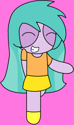 Size: 616x1040 | Tagged: safe, artist:julianarhian123, imported from derpibooru, human, equestria girls, aura (g4), aurabetes, background human, clothes, cute, equestria girls-ified, eyes closed, female, grin, humanized, pink background, shirt, shoes, simple background, skirt, smiling, solo, style emulation, the powerpuff girls