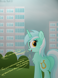 Size: 3016x4032 | Tagged: safe, artist:rainbowšpekgs, imported from derpibooru, lyra heartstrings, pony, unicorn, building, bush, butt, city, female, grass, horn, implied anon, looking at you, looking back, looking back at you, mare, open mouth, overcast, plot, russia, speech bubble, text