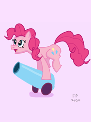 Size: 1620x2160 | Tagged: safe, artist:funnypancake, imported from derpibooru, pinkie pie, earth pony, female, party cannon, pink background, simple background, solo