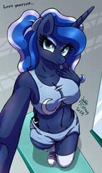 Size: 900x1520 | Tagged: safe, artist:joakaha, imported from derpibooru, princess luna, alicorn, anthro, alternate hairstyle, belly, belly button, breasts, clothes, converse, looking at you, selfie, shoes, solo, workout outfit