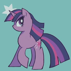 Size: 1350x1358 | Tagged: safe, artist:kickaroc, imported from derpibooru, twilight sparkle, pony, unicorn, blue background, female, hooves, horn, mare, raised hoof, simple background, solo, tail, unicorn twilight