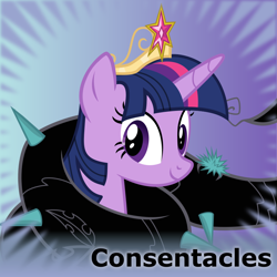 Size: 840x840 | Tagged: safe, artist:saby, derpibooru exclusive, imported from derpibooru, twilight sparkle, alicorn, pony, derpibooru, princess twilight sparkle (episode), .svg available, big crown thingy, bust, consentacles, element of magic, female, jewelry, looking at you, meta, official spoiler image, portrait, regalia, restrained, smiling, smiling at you, solo, spoilered image joke, svg, tentacle porn, tentacles, thorn, twilight sparkle (alicorn), vector