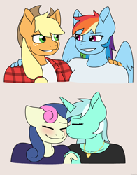 Size: 1450x1850 | Tagged: safe, artist:sivanhe, imported from derpibooru, applejack, bon bon, lyra heartstrings, rainbow dash, sweetie drops, anthro, pegasus, unicorn, appledash, cheek kiss, eyes closed, female, horn, kissing, lesbian, lyrabon, shipping, simple background