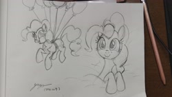 Size: 4080x2296 | Tagged: safe, artist:mrzemano009, imported from derpibooru, pinkie pie, earth pony, balloon, drawing, female, floating, paper, pencil drawing, then watch her balloons lift her up to the sky, traditional art