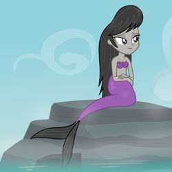 Size: 1920x1920 | Tagged: safe, artist:grapefruit-face, imported from derpibooru, octavia melody, mermaid, equestria girls, base used, bra, clothes, fish tail, lidded eyes, looking to the right, ocean, rock, scales, seashell, seashell bra, sitting, smiling, solo, tail, underwear, water