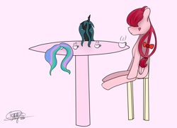 Size: 2560x1855 | Tagged: source needed, safe, artist:sky, imported from derpibooru, princess celestia, queen chrysalis, oc, oc:laeti, changeling, pony, chair, cup, female, pink background, simple background, table, teacup, trio, trio female