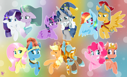 Size: 3280x2000 | Tagged: safe, artist:kathepart, imported from derpibooru, applejack, flash magnus, fluttershy, meadowbrook, mistmane, pinkie pie, rainbow dash, rarity, rockhoof, somnambula, star swirl the bearded, twilight sparkle, alicorn, pegasus, unicorn, gradient background, horn, mane six, twilight sparkle (alicorn)