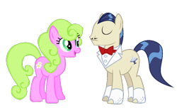 Size: 829x503 | Tagged: safe, edit, imported from derpibooru, vector edit, daisy, flower wishes, savoir fare, earth pony, pony, bowtie, crack shipping, eyes closed, facial hair, female, flowerfare, horte cuisine, male, mare, moustache, necktie, open mouth, open smile, shipping, simple background, smiling, stallion, straight, transparent background, vector, waiter