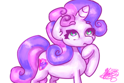 Size: 3600x2400 | Tagged: safe, artist:mannybcadavera, imported from derpibooru, sweetie belle, pony, unicorn, eyebrows, eyebrows visible through hair, female, filly, foal, high res, hoof on chin, horn, looking up, signature, simple background, solo, thinking, white background