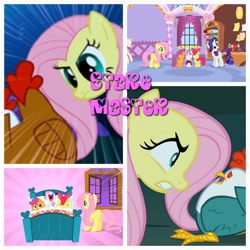 Size: 1280x1280 | Tagged: safe, artist:xxxkayceejrxxx, edit, edited screencap, imported from derpibooru, screencap, apple bloom, fluttershy, scootaloo, sweetie belle, bird, chicken, cockatrice, earth pony, pegasus, pony, unicorn, season 1, stare master, bed, carousel boutique, cutie mark crusaders, female, filly, fluttershy's bedroom, foal, horn, hush now quiet now, mare, speed lines, stare, the stare