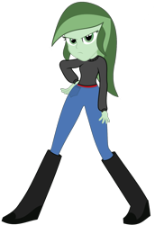 Size: 1175x1710 | Tagged: safe, artist:partypievt, imported from derpibooru, oc, oc only, oc:olive martini, human, equestria girls, 2013, boots, clothes, denim, equestria girls oc, equestria girls-ified, green eyes, green hair, green skin, high heel boots, jeans, old art, pants, shirt, shoes, simple background, solo, transparent background