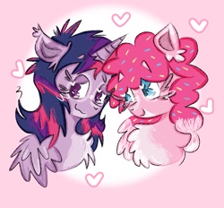 Size: 1185x1098 | Tagged: safe, artist:tw1pie, imported from derpibooru, pinkie pie, twilight sparkle, alicorn, earth pony, pony, abstract background, chest fluff, cute, diapinkes, duo, duo female, ear fluff, female, heart, lesbian, looking at each other, looking at someone, shipping, smiling, smiling at each other, twiabetes, twilight sparkle (alicorn), twinkie