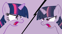 Size: 1280x710 | Tagged: safe, artist:miatdm, artist:twilyisbestpone, imported from derpibooru, mean twilight sparkle, twilight sparkle, alicorn, pony, angry, base used, clone, duality, duo, duo female, evil clone, female, mare, open mouth, purple background, self paradox, self ponidox, simple background, twilight sparkle (alicorn), twolight, yelling