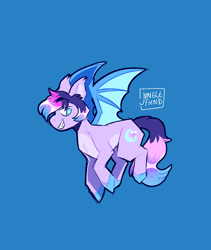 Size: 1100x1304 | Tagged: safe, artist:junglefiend, imported from derpibooru, oc, oc only, bat pony, pony, artfight, bat pony oc, bat wings, blue background, grin, purple coat, simple background, smiling, solo, wings