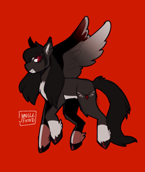 Size: 1100x1304 | Tagged: safe, artist:junglefiend, imported from derpibooru, oc, oc only, pegasus, pony, black mane, brown coat, fangs, pegasus oc, red background, red eyes, side view, simple background, solo, wings