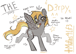 Size: 2955x2108 | Tagged: safe, artist:azaani, imported from derpibooru, derpy hooves, pegasus, pony, arrow, female, high res, looking at you, mare, silly, simple background, smiling, smiling at you, solo, spread wings, standing on two hooves, starry eyes, text, tongue out, white background, wingding eyes, wings