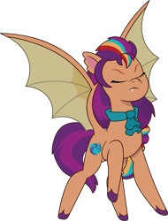 Size: 1057x1392 | Tagged: safe, artist:prixy05, imported from derpibooru, sunny starscout, bat pony, bat ponified, bat wings, eyes closed, fangs, female, g5, mane stripe sunny, mare, my little pony: tell your tale, race swap, simple background, solo, species swap, spread wings, sunny starbat, transparent background, vector, wings