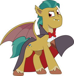 Size: 1211x1247 | Tagged: safe, artist:prixy05, imported from derpibooru, hitch trailblazer, bat pony, bat ponified, bat wings, bowtie, cape, clothes, fangs, g5, hitch batblazer, male, my little pony: tell your tale, necktie, race swap, red eyes, simple background, solo, species swap, stallion, transparent background, vector, wings