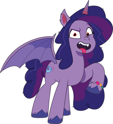 Size: 1186x1309 | Tagged: safe, artist:prixy05, imported from derpibooru, izzy moonbow, bat pony, bat ponified, bat wings, fangs, female, g5, izzy moonbat, mare, my little pony: tell your tale, race swap, red eyes, simple background, solo, species swap, tongue out, transparent background, vector, wings