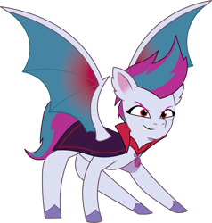 Size: 1121x1178 | Tagged: safe, artist:prixy05, imported from derpibooru, bat pony, bat ponified, bat wings, cape, clothes, fangs, female, g5, mare, my little pony: tell your tale, race swap, red eyes, simple background, solo, species swap, spread wings, transparent background, vector, wings, zippbat