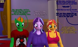 Size: 1800x1080 | Tagged: safe, artist:rockystorm300, starlight glimmer, sunset shimmer, oc, oc only, anthro, 3d, blushing, breasts, dialogue, female, male