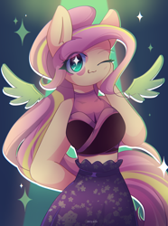 Size: 2230x3000 | Tagged: safe, artist:miryelis, imported from derpibooru, fluttershy, human, equestria girls, :3, clothes, cute, female, long hair, looking at you, my little pony equestria girls: rainbow rocks, one eye closed, rainbow rocks 10th anniversary, simple background, smiling, solo, sparkles, wings, wink