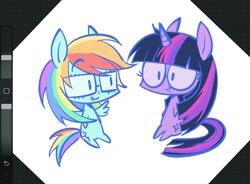 Size: 1640x1205 | Tagged: safe, artist:ieatedyuripizza, imported from derpibooru, rainbow dash, twilight sparkle, pegasus, pony, unicorn, art program in frame, egghead dash, female, glasses, horn, mare, nerd, procreate app, sitting, smiling